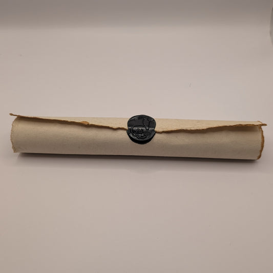 Doom Scroll: rolled deckle-edge curse scroll sealed with a black wax skull and raven seal