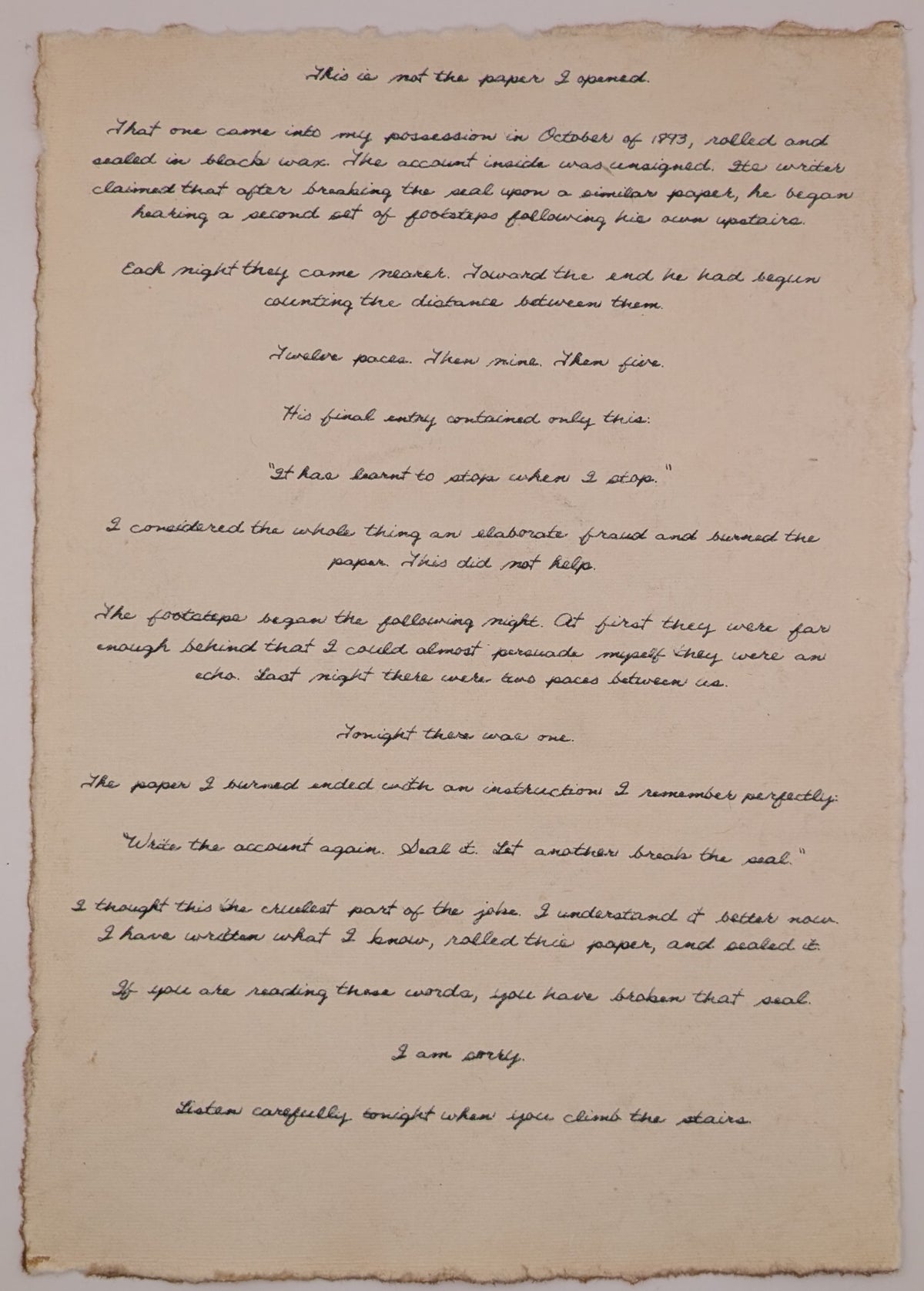 Unrolled Doom Scroll showing a handwritten Victorian-style curse letter on deckle-edge cotton paper